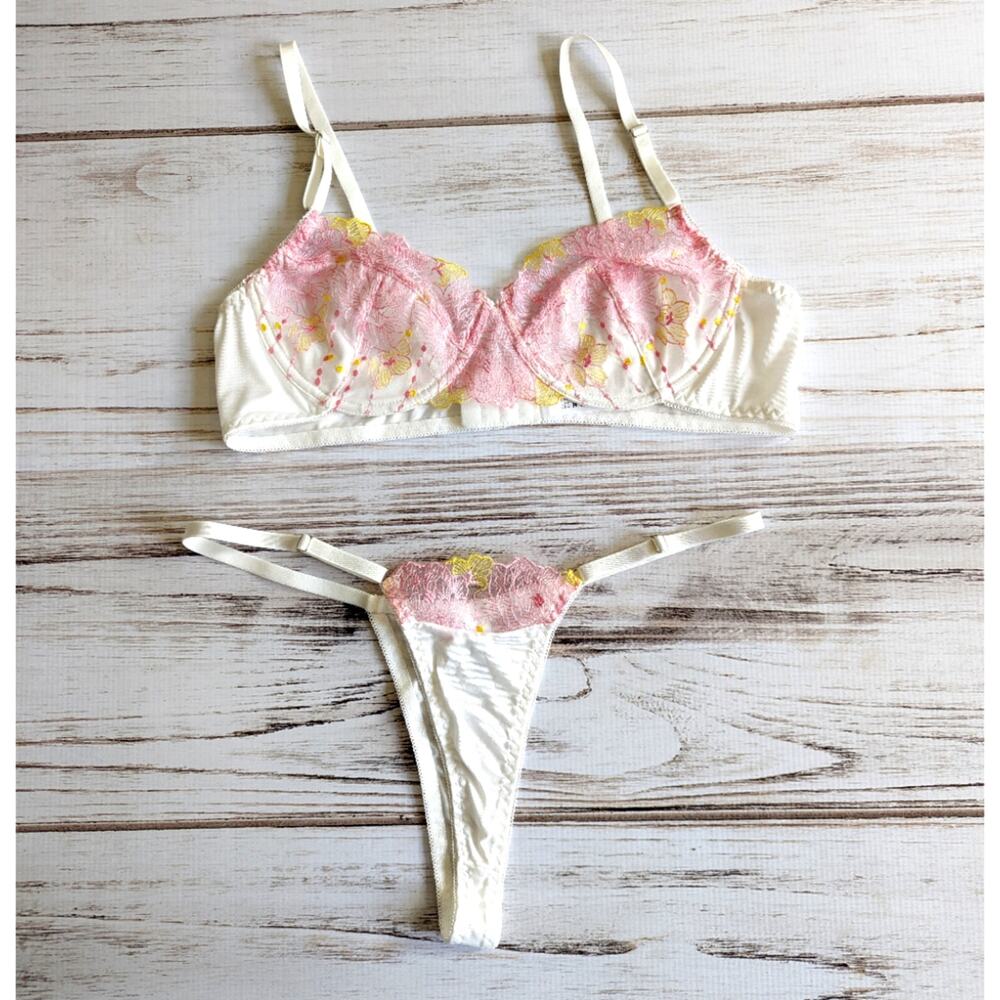 Shein White with Pastel Pink and Yellow Lace Bra and Thong New